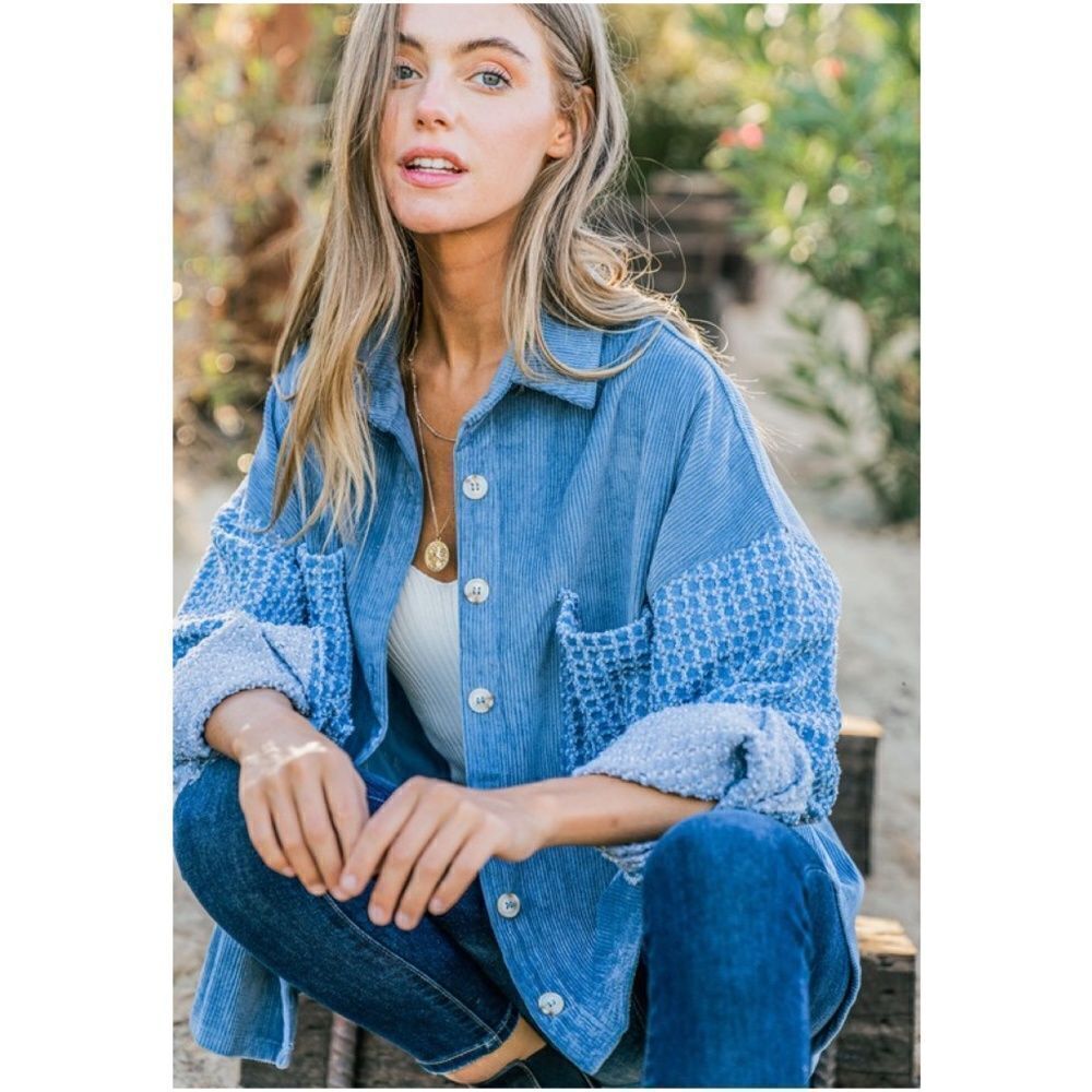 Cozy Corduroy Pockets Button Down Denim Jacket Shacket - Picture 11 of 14